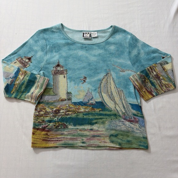 Take Two vintage 3/4 sleeve shirt cotton lighthouse sequins sailboats coastal L - Picture 15 of 16